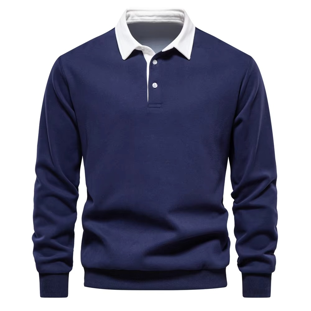 Men's autumn cotton sweatshirt polo neck casual fit soft versatile work weekend pullover