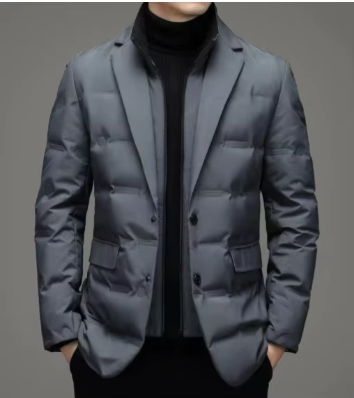 Men's navy blue stand collar blazer coat two-piece look slim fit insulated business winter jacket
