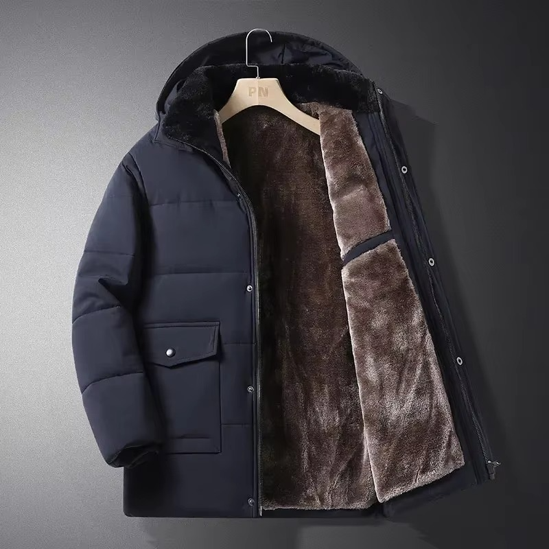 Men's black thick fleece winter parka with adjustable hood and insulated quilted liner