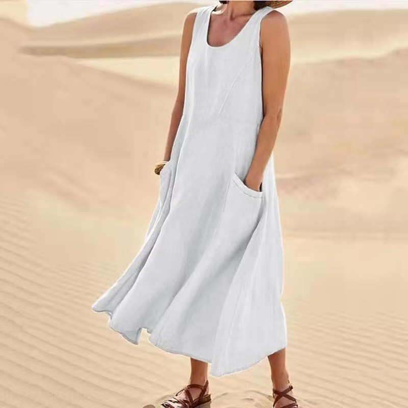Women's beige cotton linen sleeveless maxi sundress, loose fit with deep side pockets, S-5XL