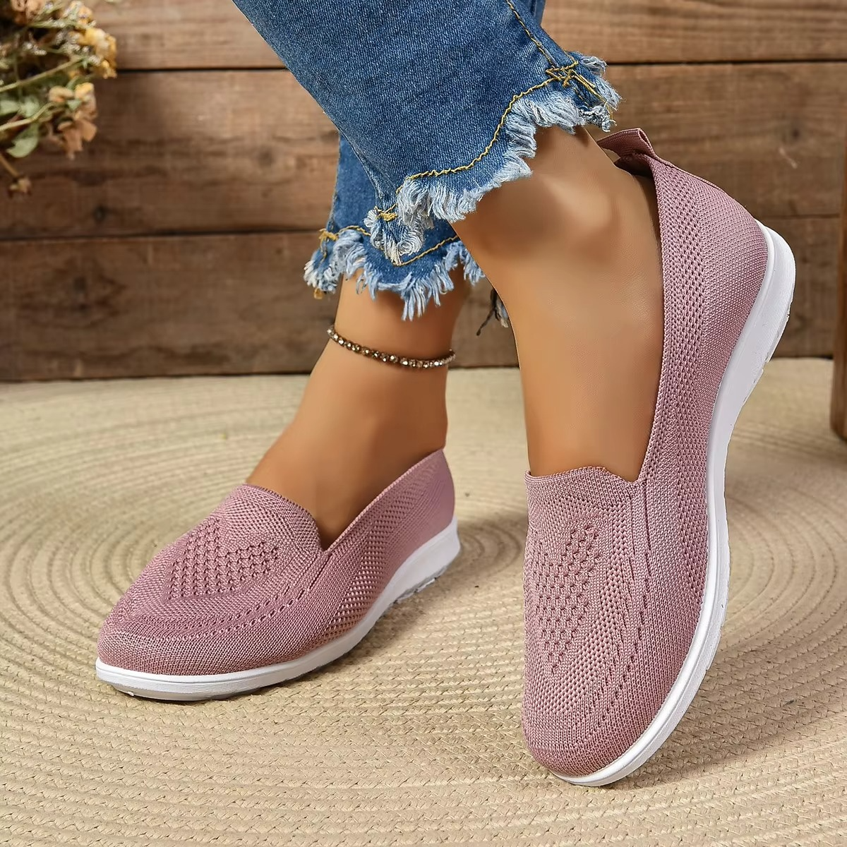 Women's beige mesh slip-on flats lightweight breathable loafers with flexible sole for summer comfort