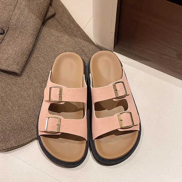 Women's cushioned slip-on buckle sandals with contoured footbed in elegant neutral tone
