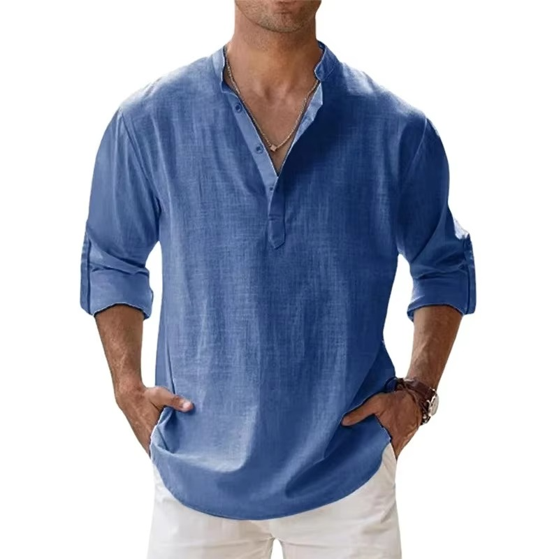 Men's beige cotton linen Henley shirt long sleeve casual summer fit three-button placket