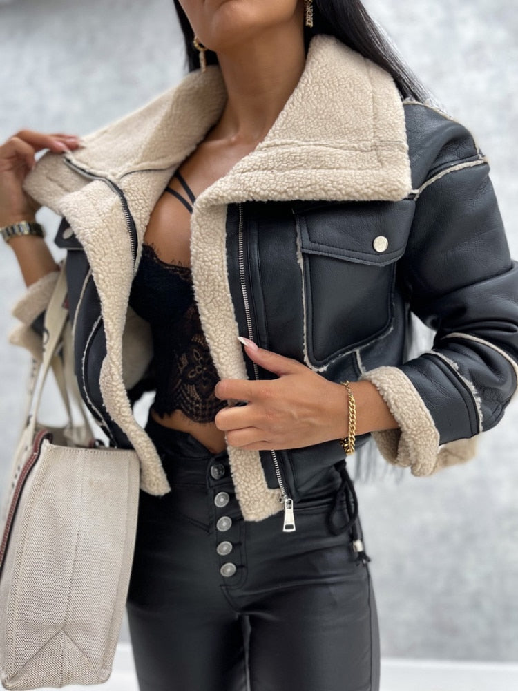 Women's cropped faux leather jacket shearling lining slim fit zip closure edgy chic style