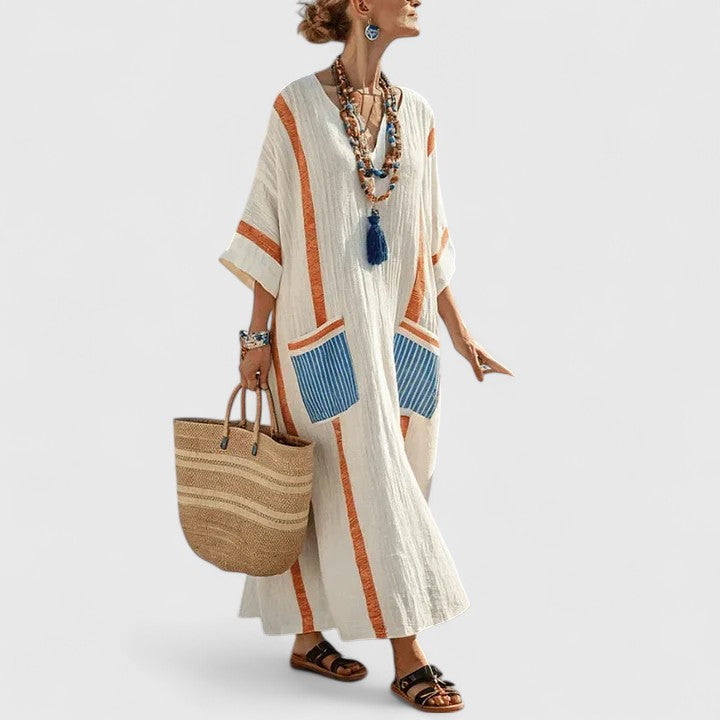 Women's mint striped linen maxi dress with V-neck, pockets, and teal embroidered trim