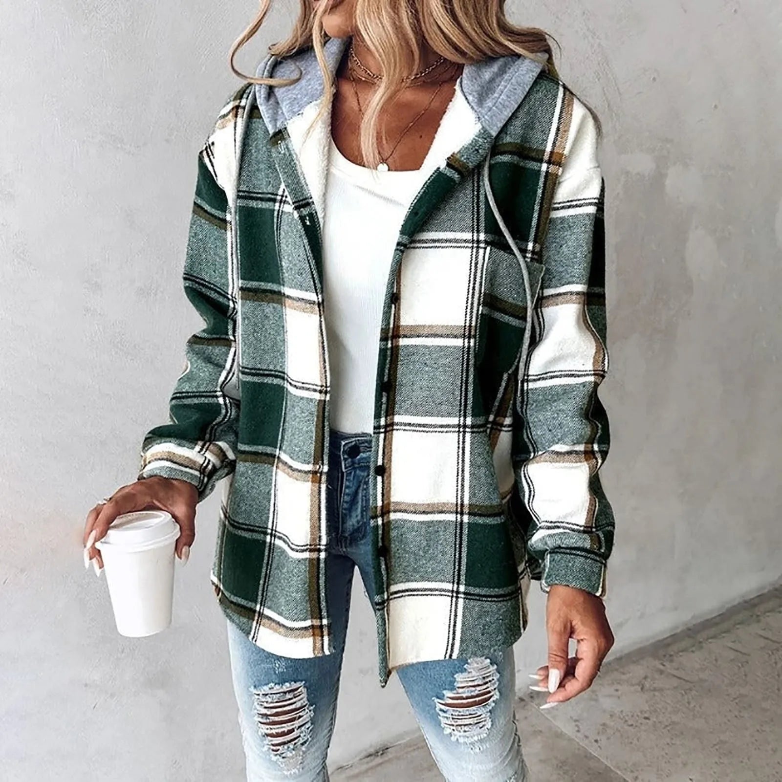 Women's checkered lined cardigan with draped fit and cozy autumn warmth in classic plaid tones