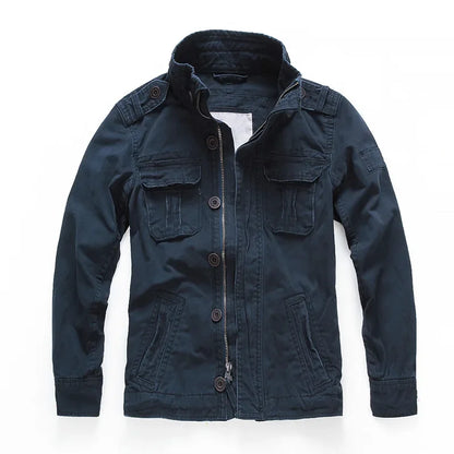 Men's heavyweight cargo denim jacket with utility pockets, rugged field-inspired cut in classic blue