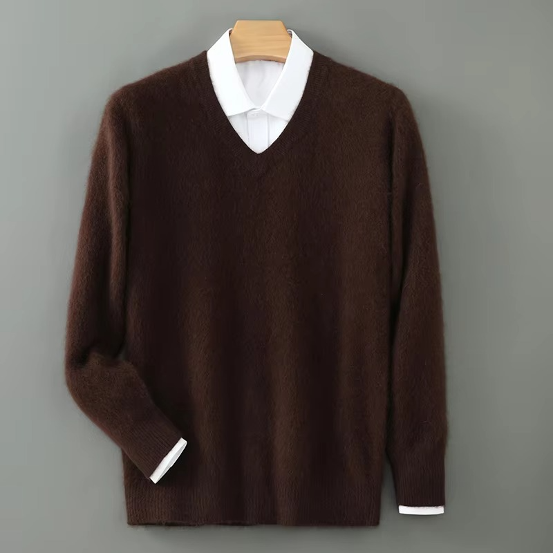 Men's cashmere blend V-neck knit pullover, loose fit, lightweight warm sweater for plus size