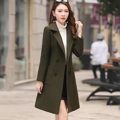 Isla classic double-breasted slim-fit wool winter coat with turn-down collar in neutral tone