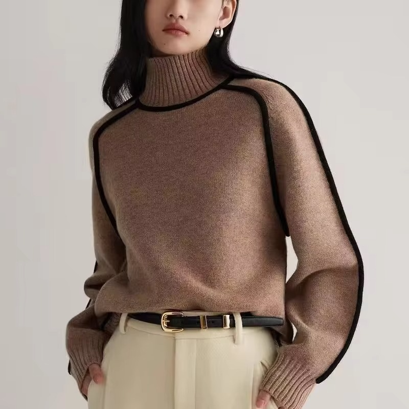 Women's striped turtleneck knit sweater loose fit long sleeve pullover cozy warm casual style