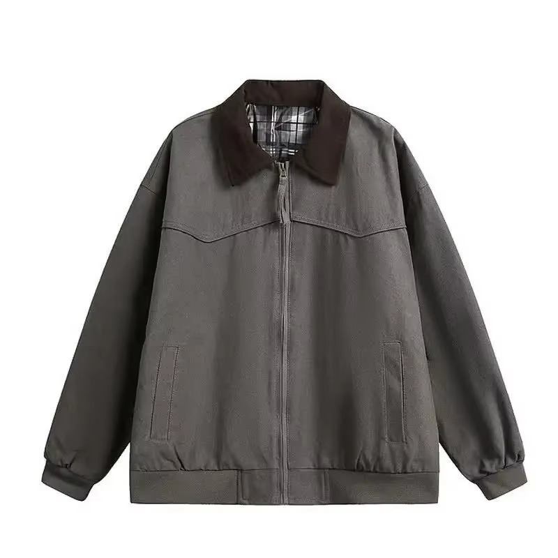 Men's vintage cotton workwear jacket in neutral tones, relaxed fit with snap-button closure