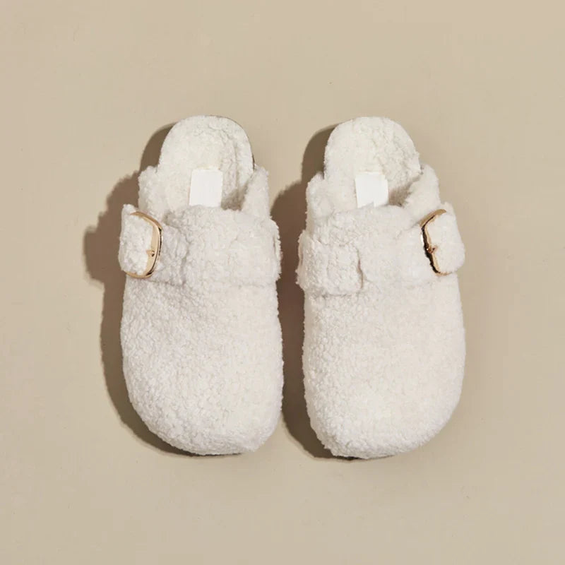 Women's plush lamb wool mule slippers in alpine style with adjustable buckle, ultra-soft fuzzy texture