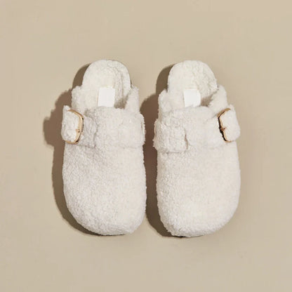 Women's plush lamb wool mule slippers in alpine style with adjustable buckle, ultra-soft fuzzy texture