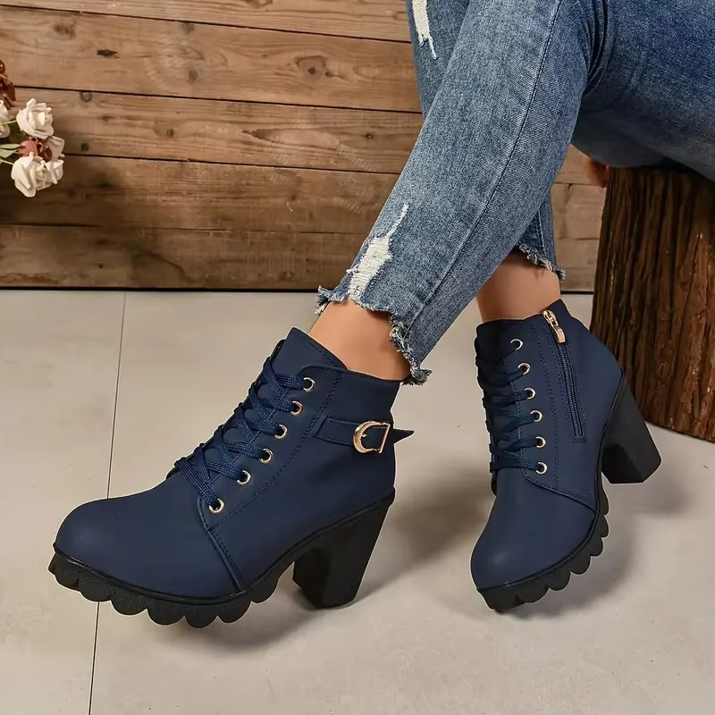 Women's black lace-up high heel boots with anti-slip soles, sleek PU upper, autumn winter style