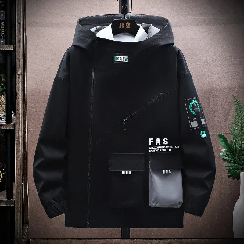 Men's water-resistant hooded jacket relaxed fit multiple pockets street style lightweight breathable