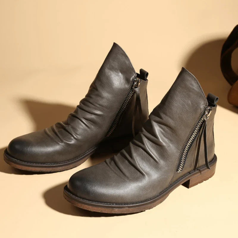 Men's brown Chelsea leather ankle boots hand-finished aged patina frontier-inspired rugged style
