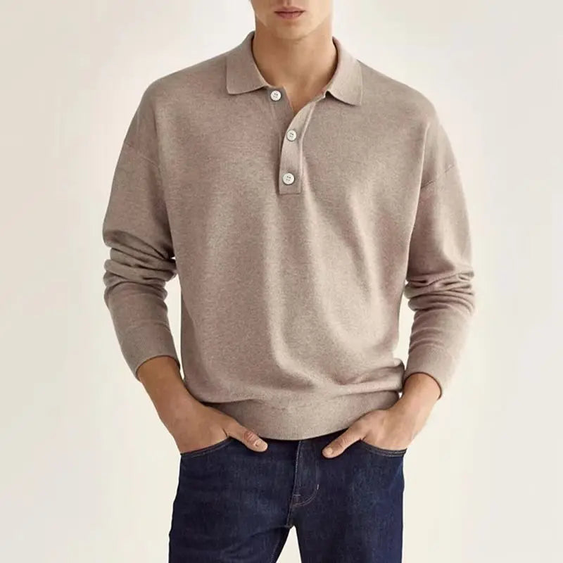 Men's long sleeve soft knit polo shirt casual relaxed fit with structured collar everyday comfort