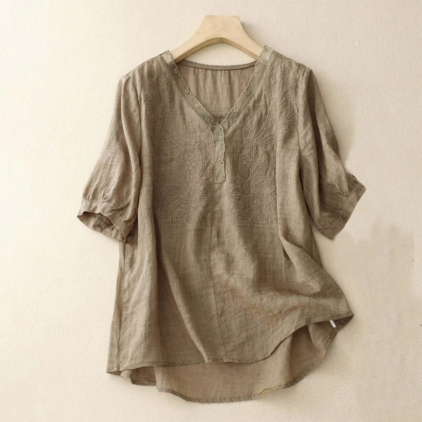 Women's white cotton linen V-neck blouse vintage style loose fit breathable summer top