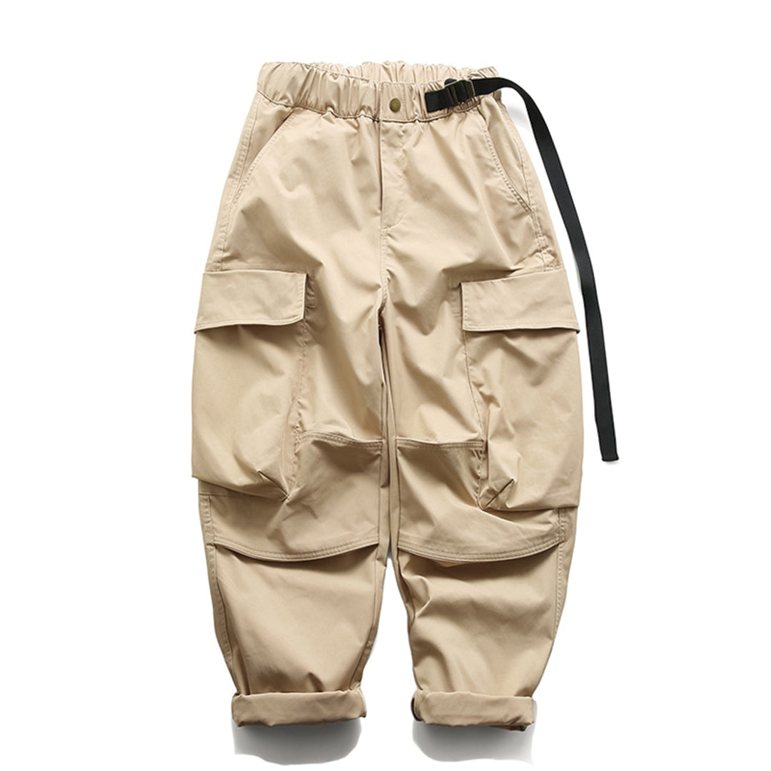 Olive cargo trousers with drawcord waistband, oversized patch pockets, and custom-fit belt