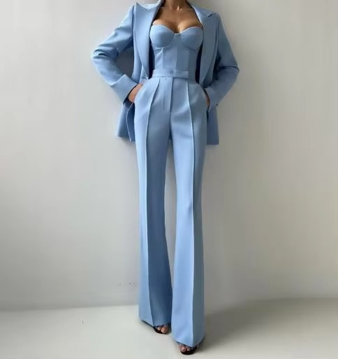 Mint green women's three-piece blazer set with corset top and wide-leg flare pants tailored fit