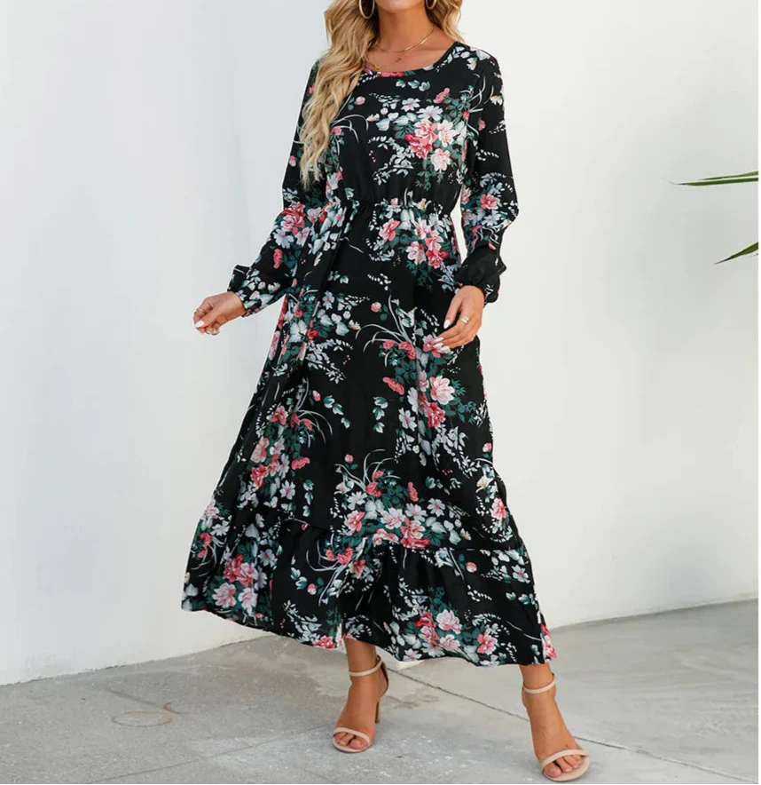 Floral maxi dress elegant flowing silhouette soft tones flattering fit subtle sophisticated style