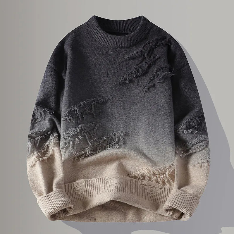 Men's gradient knit sweater with ombre fade, distressed texture, and street-style minimalist cut