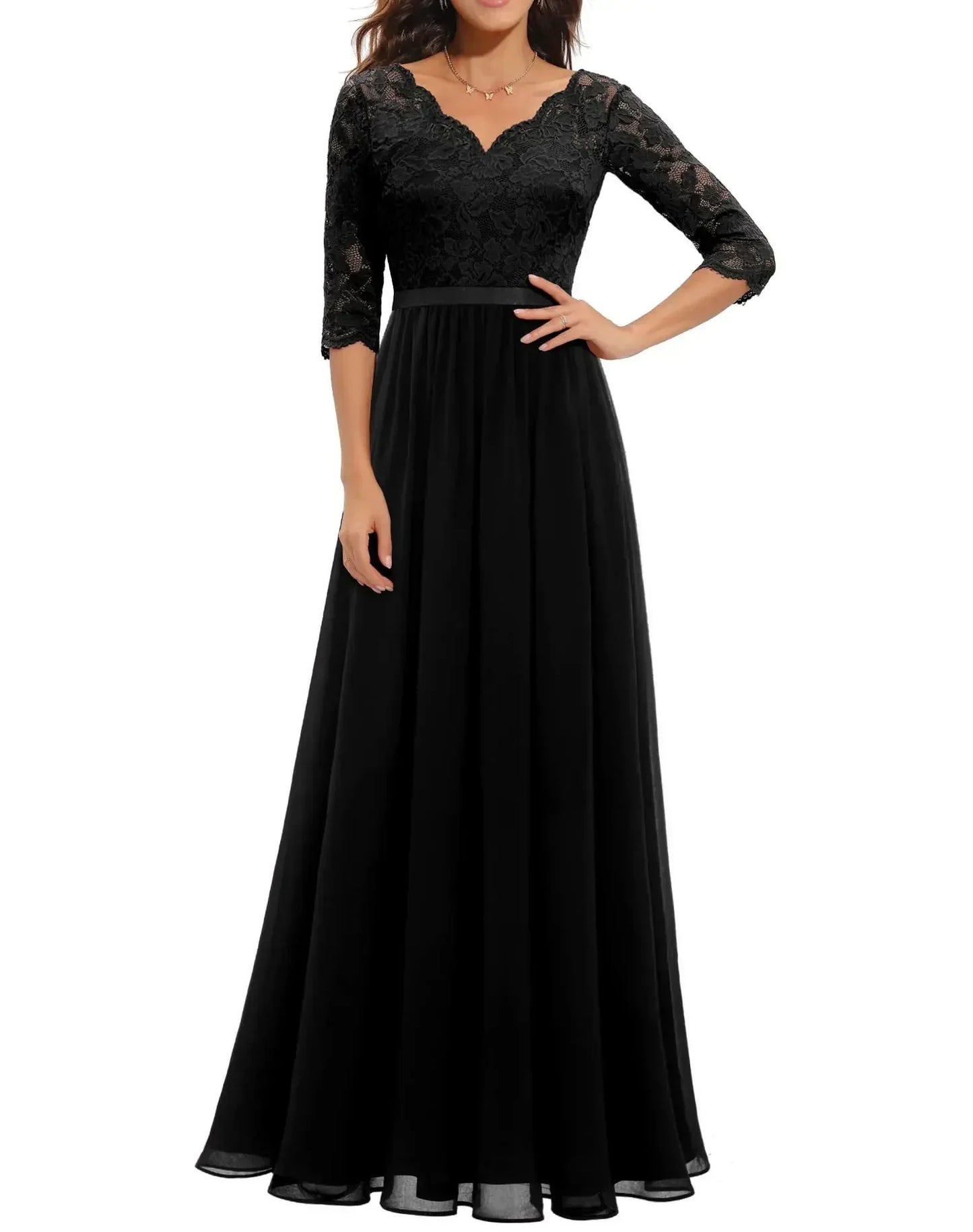 Women's elegant long lace dress with flattering lace bodice, perfect for formal occasions