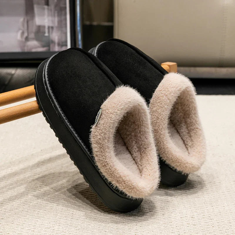 Women's cozy fur lined slip-on slippers with plush interior lining for warm indoor comfort