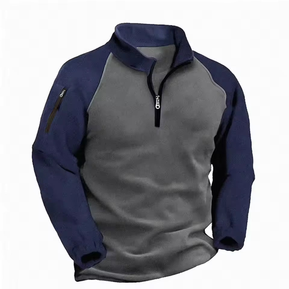 Men's lightweight fleece mock neck half-zip pullover with two-tone design and zippered arm pocket