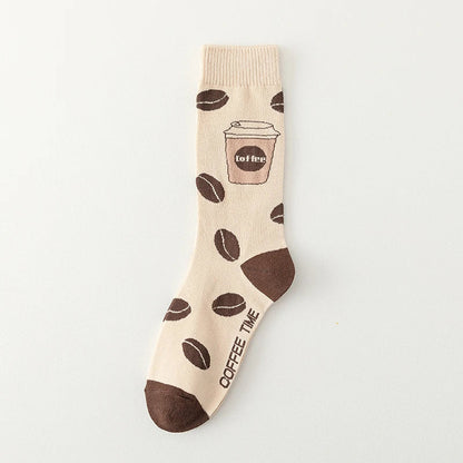 Crew socks with playful coffee cup print, cozy cotton blend in warm tones for coffee lovers