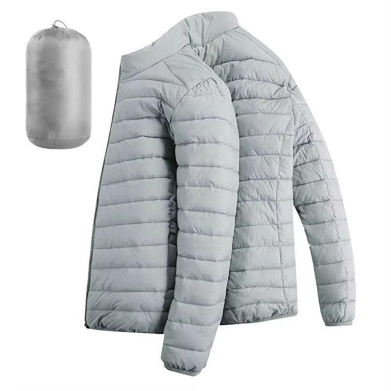 Men's lightweight hooded down jacket in neutral tones, slim urban fit with zip pockets