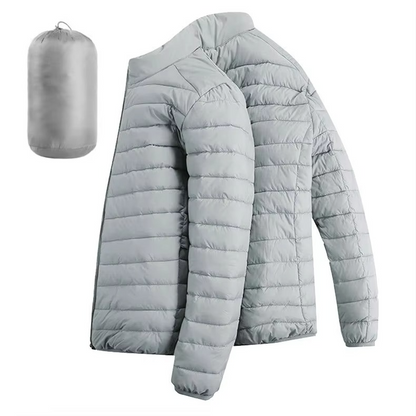 Men's lightweight hooded down jacket in neutral tones, slim urban fit with zip pockets