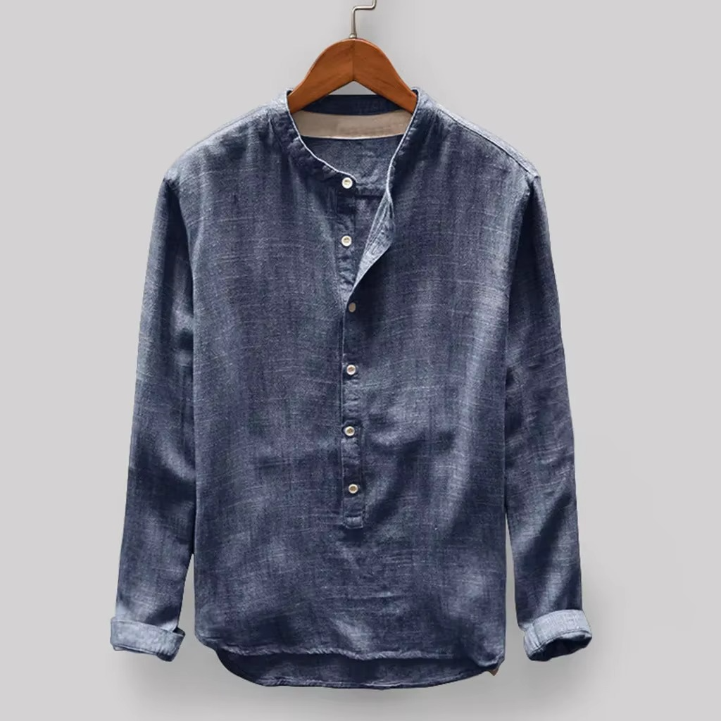 Men's solid color cotton linen long sleeve shirt Japanese minimalist style breathable modern fit