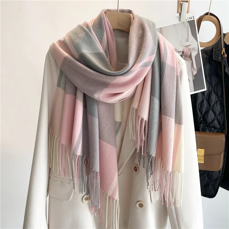 Darla plaid cashmere scarf with fringed edges, lightweight and soft in classic timeless pattern