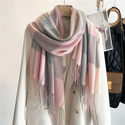 Darla plaid cashmere scarf with fringed edges, lightweight and soft in classic timeless pattern