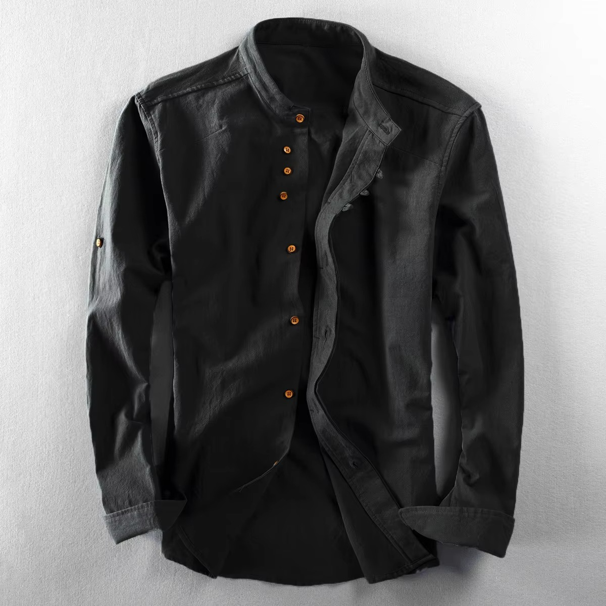Men's cotton linen stand collar shirt retro Chinese style slim fit long sleeve top M-7XL