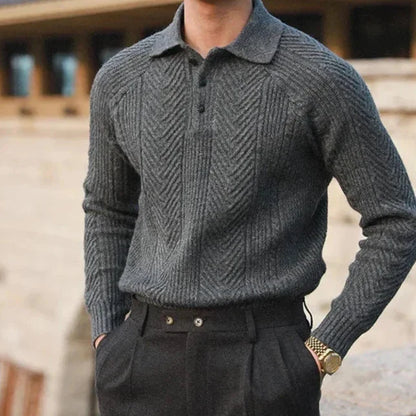 Andreas Vela slim fit long sleeve knitted polo in neutral tones with distinct woven pattern
