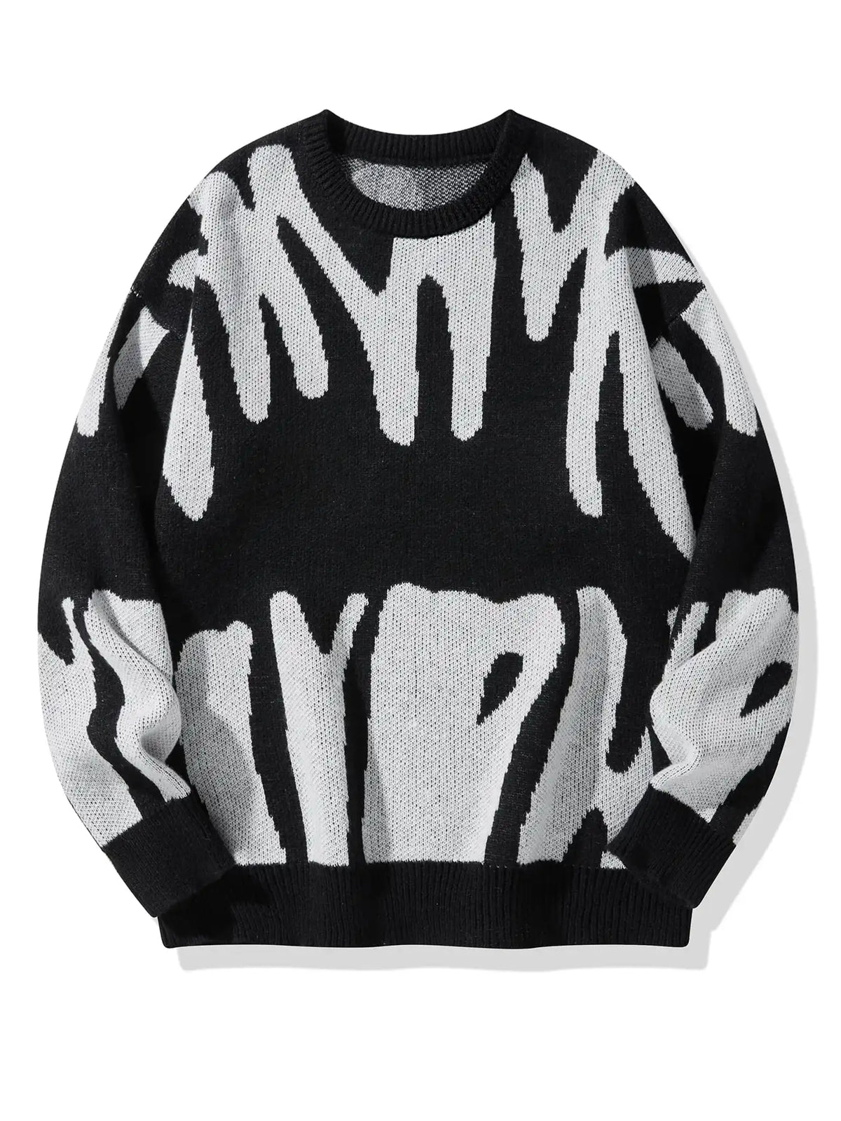 Oversized abstract knitted pullover with bold geometric patterns, lightweight cotton-poly blend statement sweater