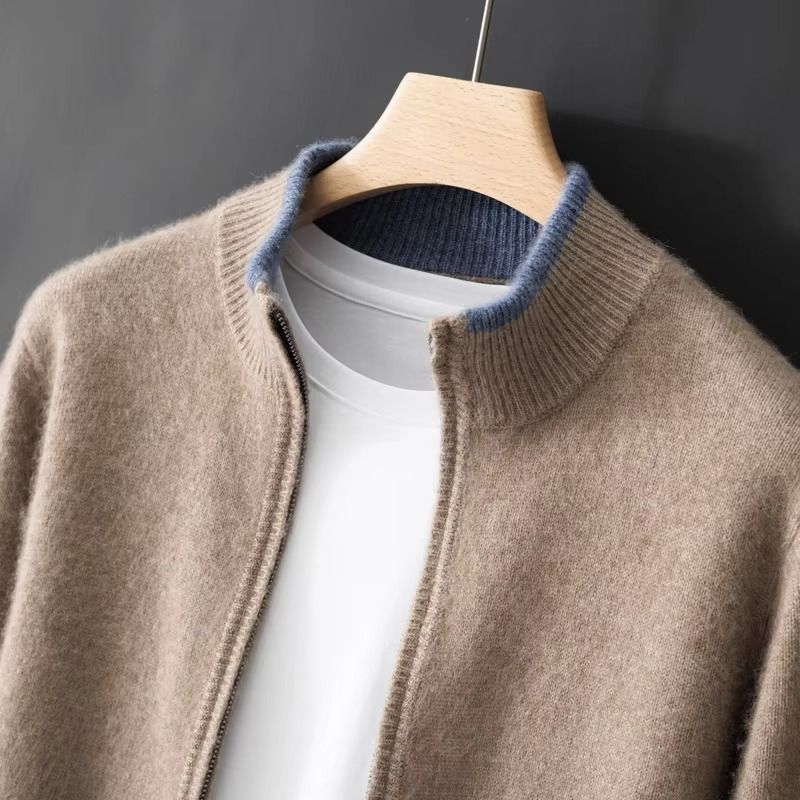 Men's pure cashmere zip cardigan sweater, loose fit casual knit jacket in neutral warm tone