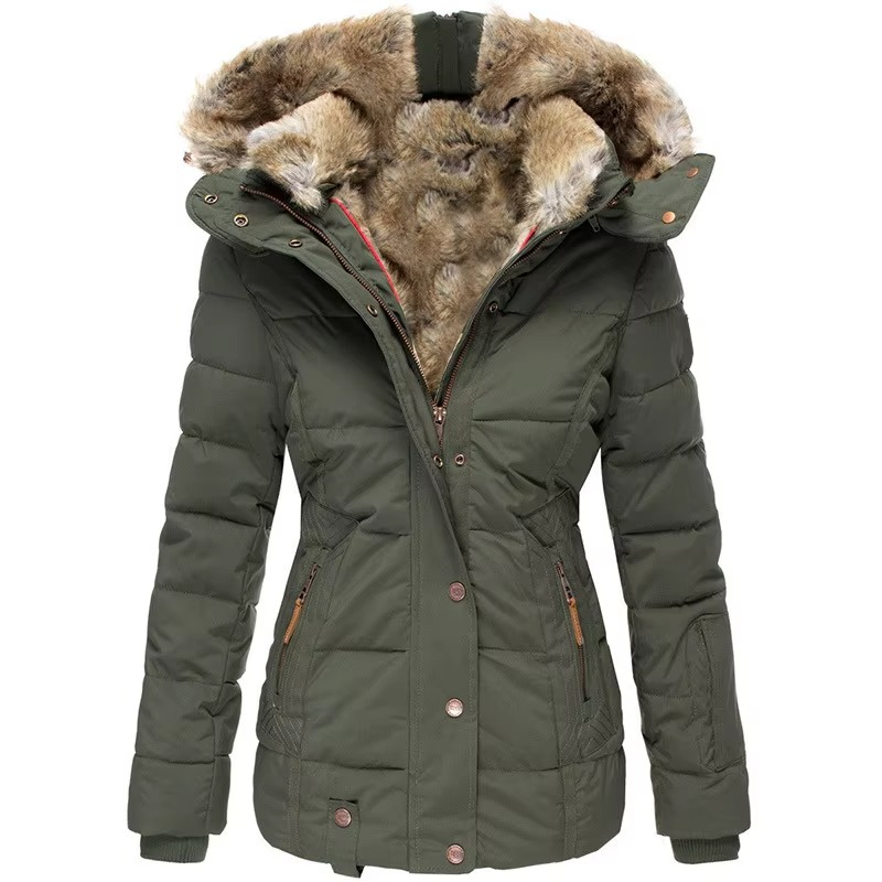 Women's slim-fit winter parka in neutral tone, wool-cotton padded with fur-trimmed hood for cold weather