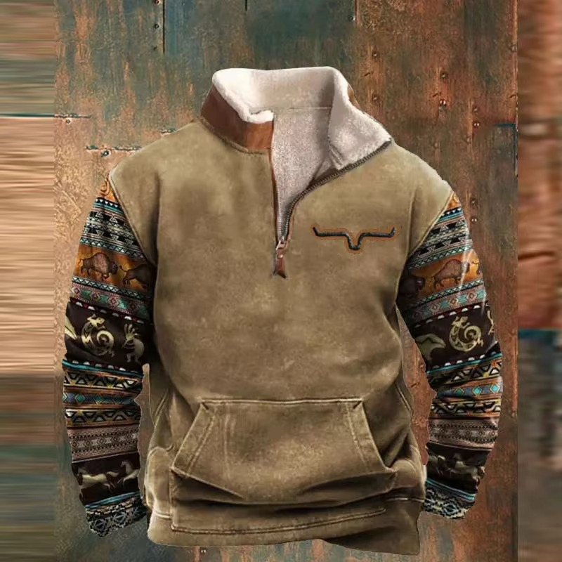 Men's retro 3D printed hooded jacket with leather collar, bold street-style graphics for cold weather