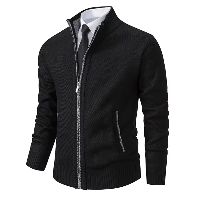 Men's fleece lined zip cardigan jacket stand collar warm casual fall winter layering