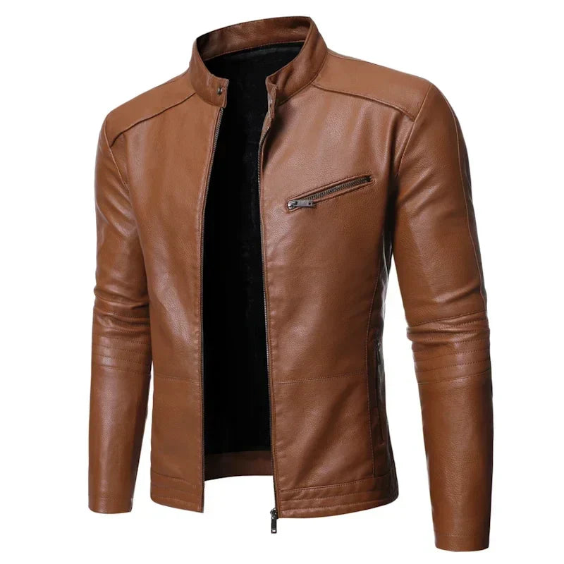 Men's slim fit black PU leather jacket with zippered pockets, lightweight urban street style coat