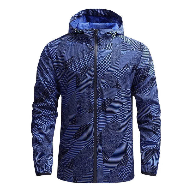 Lightweight geometric camo windbreaker jacket with classic fit, subtle paneling, and weather-resistant hood