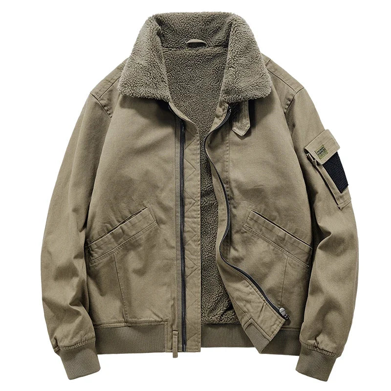 Men's sherpa-lined cotton jacket high collar rugged outdoor style plush lining warm winter coat