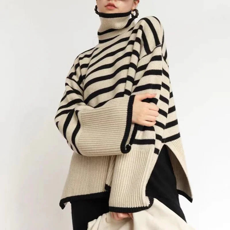 Women's oversized striped turtleneck knit pullover with ribbed texture in cozy casual style