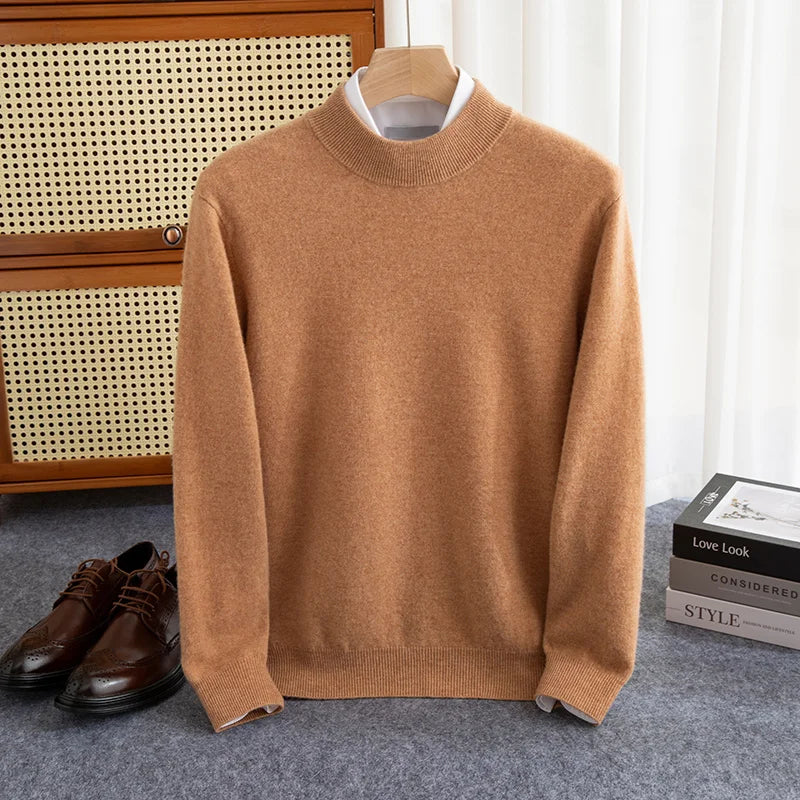 Men's wool pullover sweatshirt loose fit half high neck ribbed cuffs hem casual style