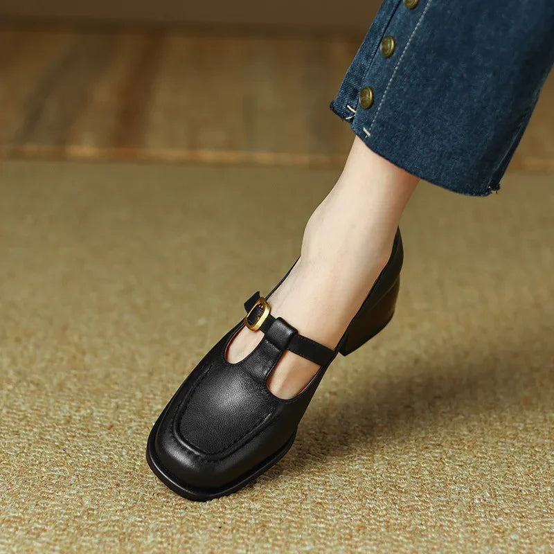 Women's square toe Mary Jane T-strap block heel shoes with gold-tone buckle in smooth finish
