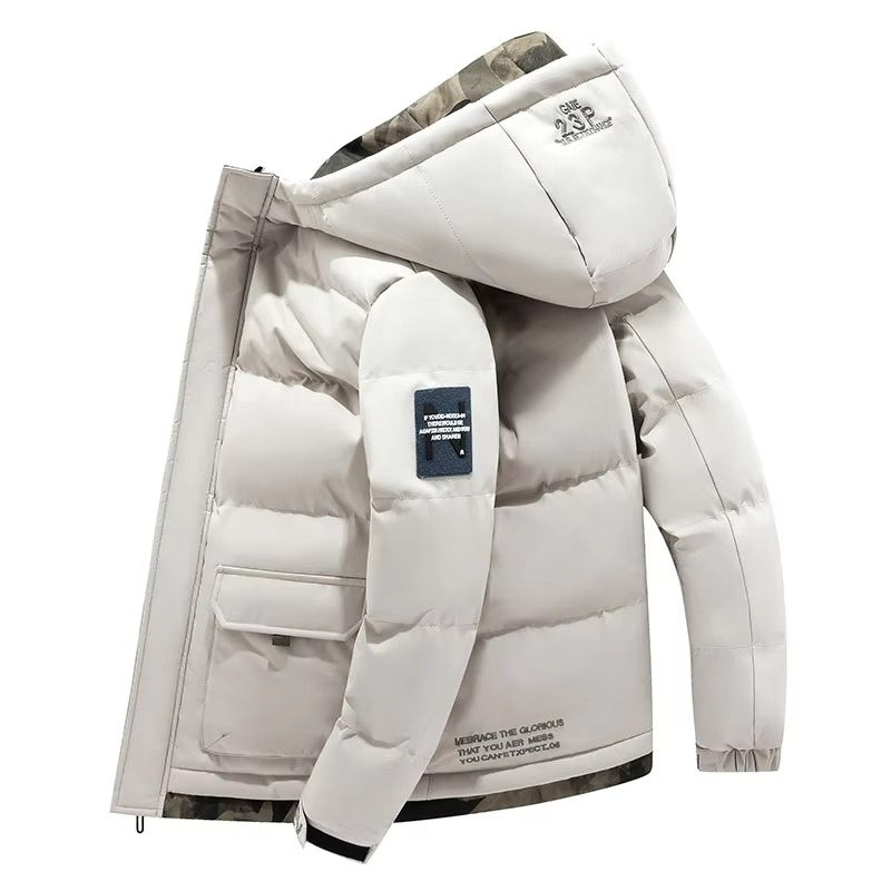 Men's insulated windproof hooded parka, slim-fit cold-weather jacket with wind-blocking shell