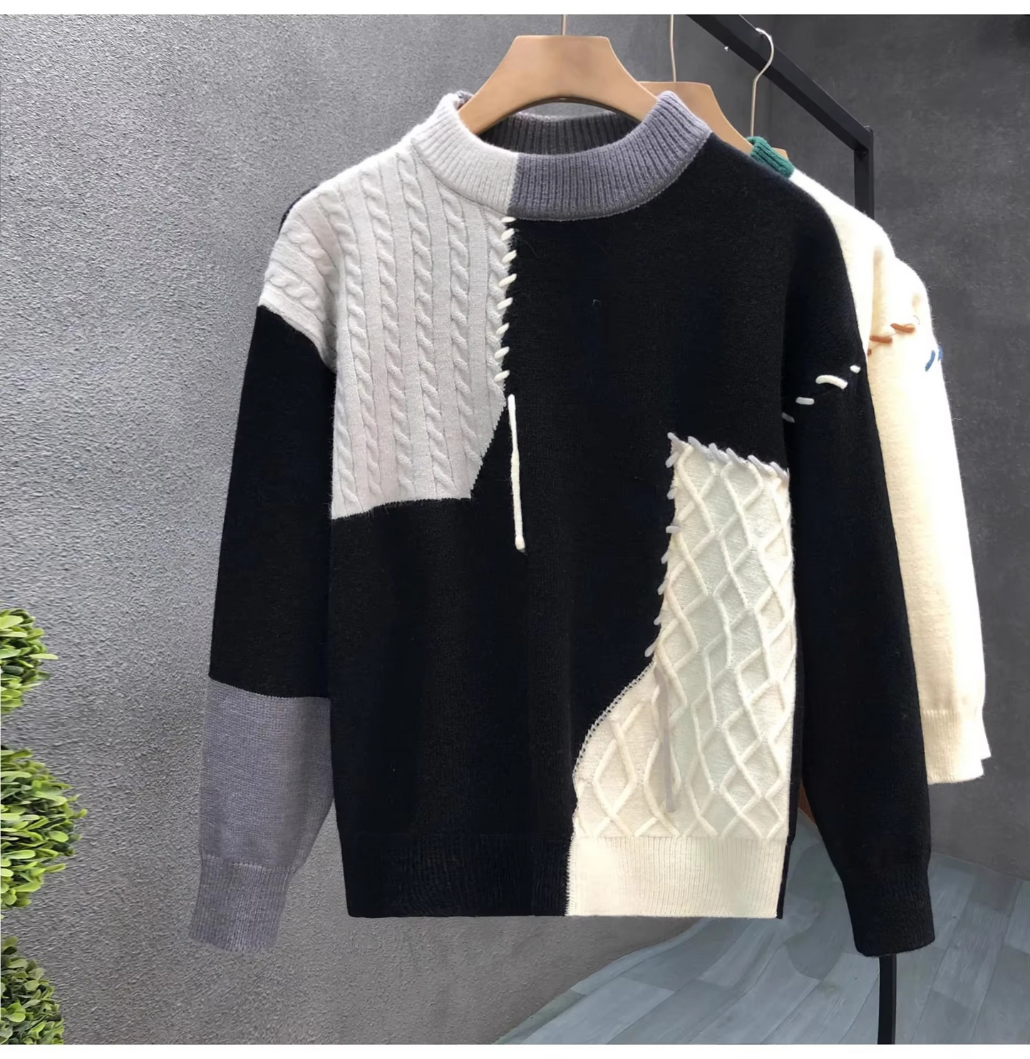 Men's patchwork knit pullover sweater colorblock streetwear style bold texture panels for fall winter